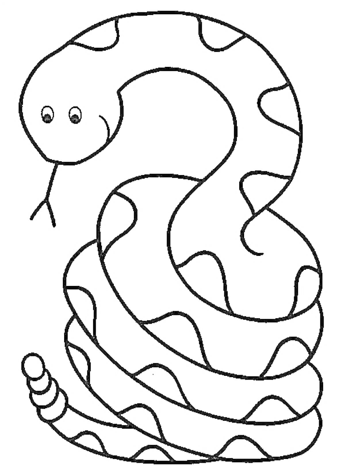 Раскраска Змея с узором и хвостом, готовая к раскрашиванию для детей