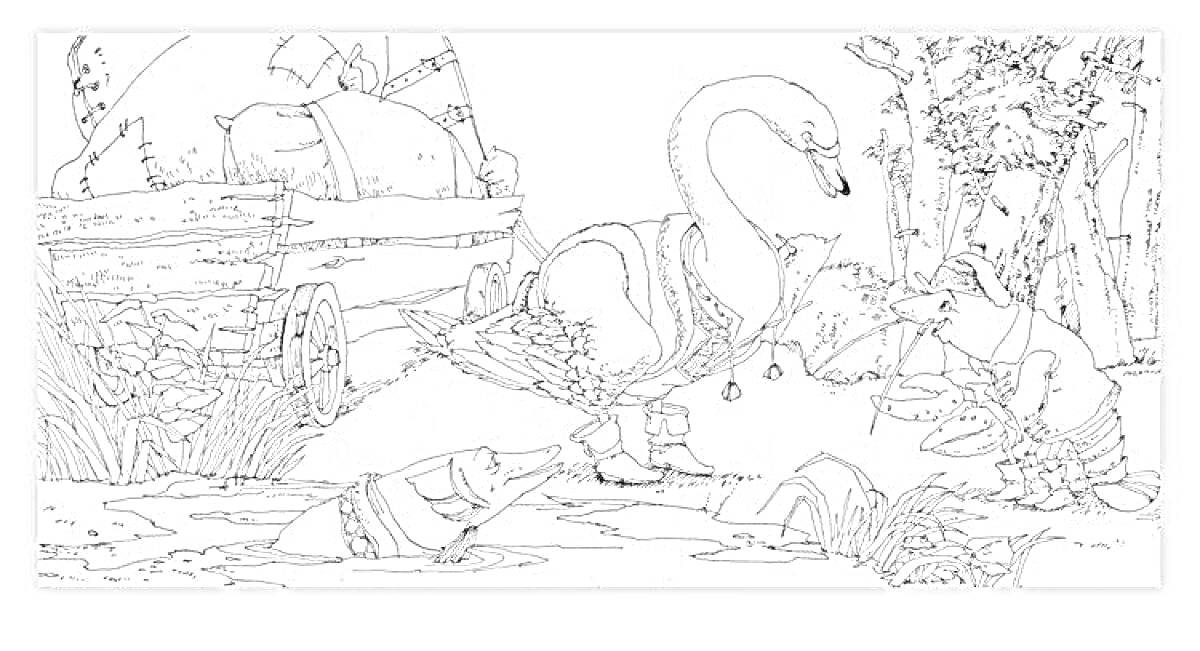 На раскраске изображено: Лебедь, Рак, Щука, Телега, Вода, Лес, Животные, Болото