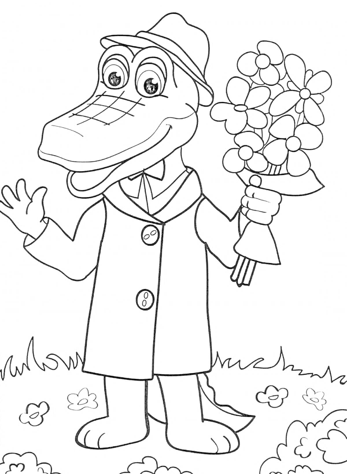 Раскраска Крокодил Гена с букетом цветов в руке и шляпе, стоящий на лужайке с цветами