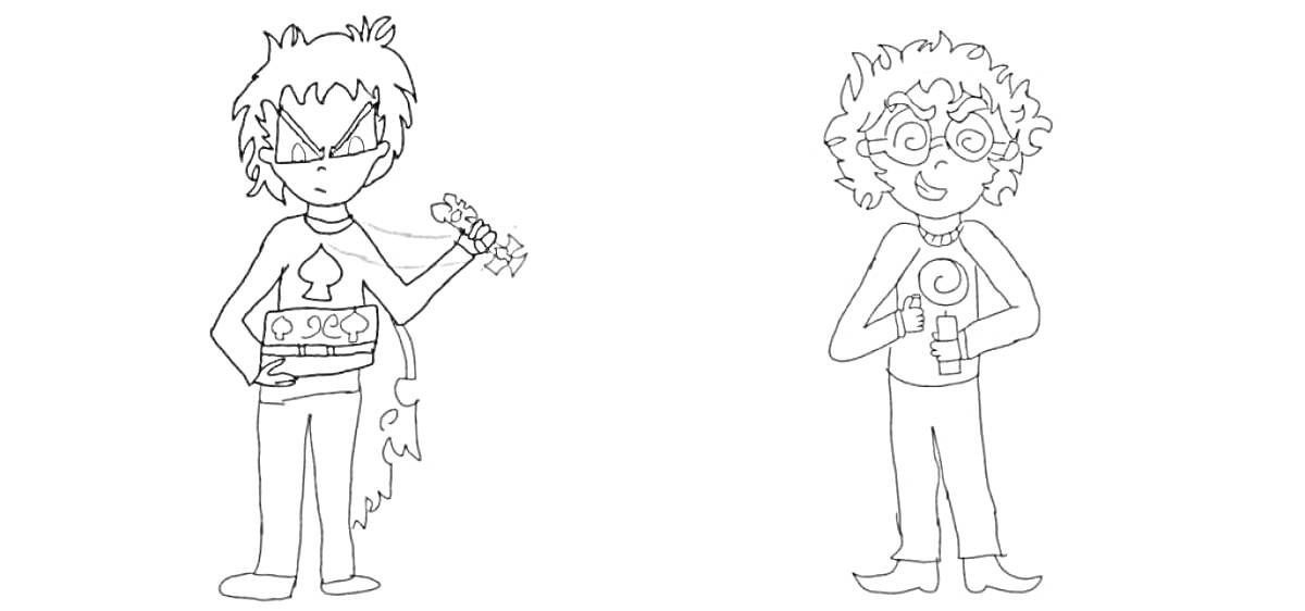 Раскраска Два мальчика с прическами и очками, один с чемпионским поясом и кнутом, другой с большим леденцом