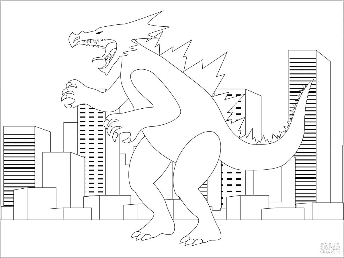 На раскраске изображено: Годзилла, Динозавр, Монстр, Небоскребы, Здания, Битва, Чудовище