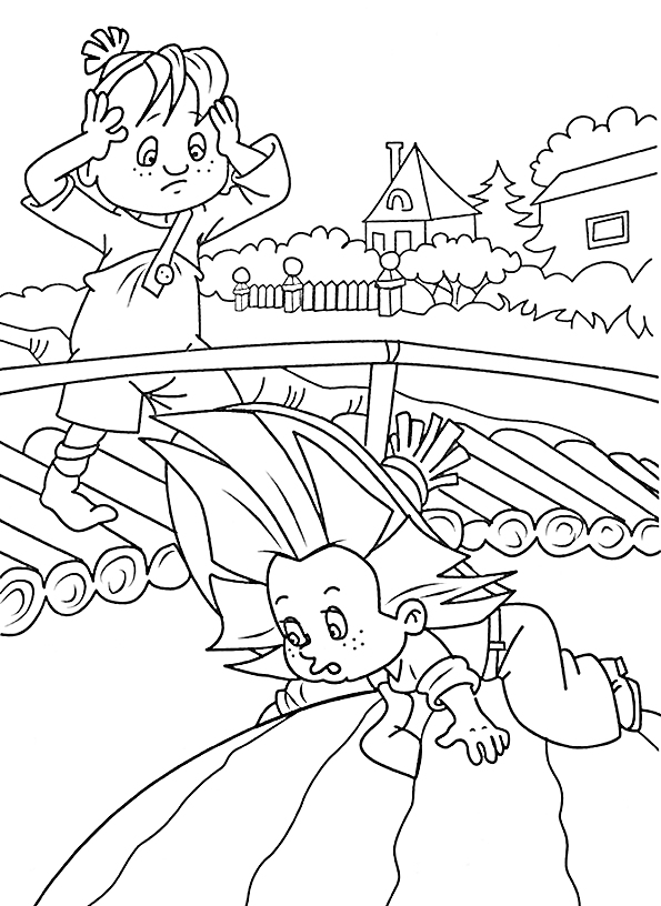 Раскраска Два персонажа на мостике над рекой, домики и деревья на заднем плане