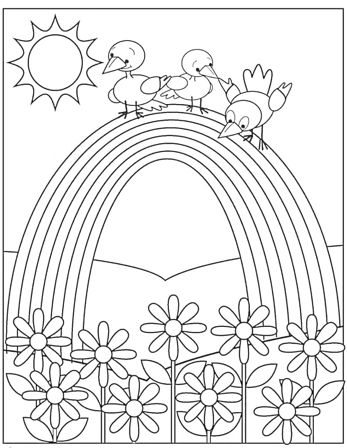Раскраска Птицы на радуге с солнцем и цветами