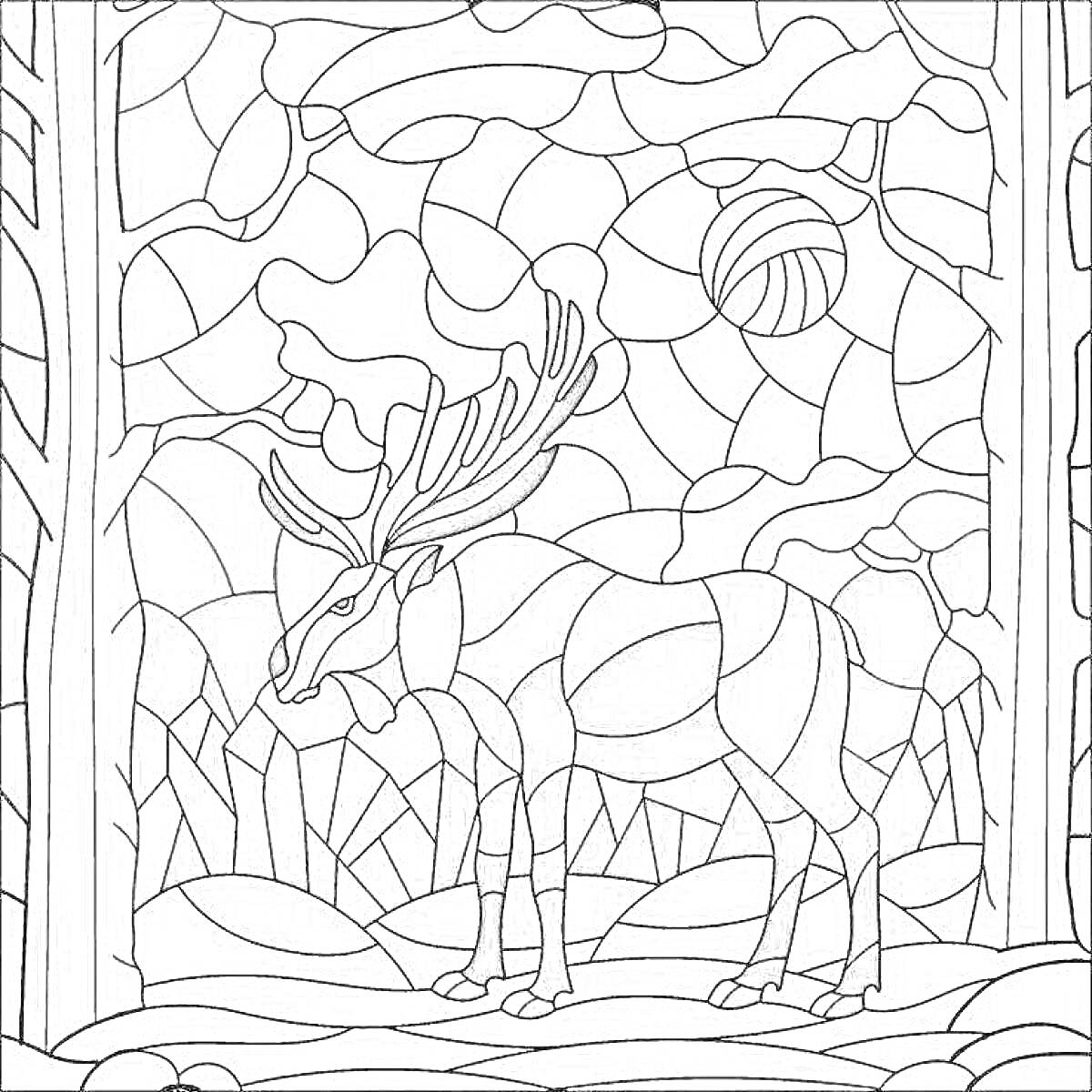 Раскраска Лось в лесу на фоне заката