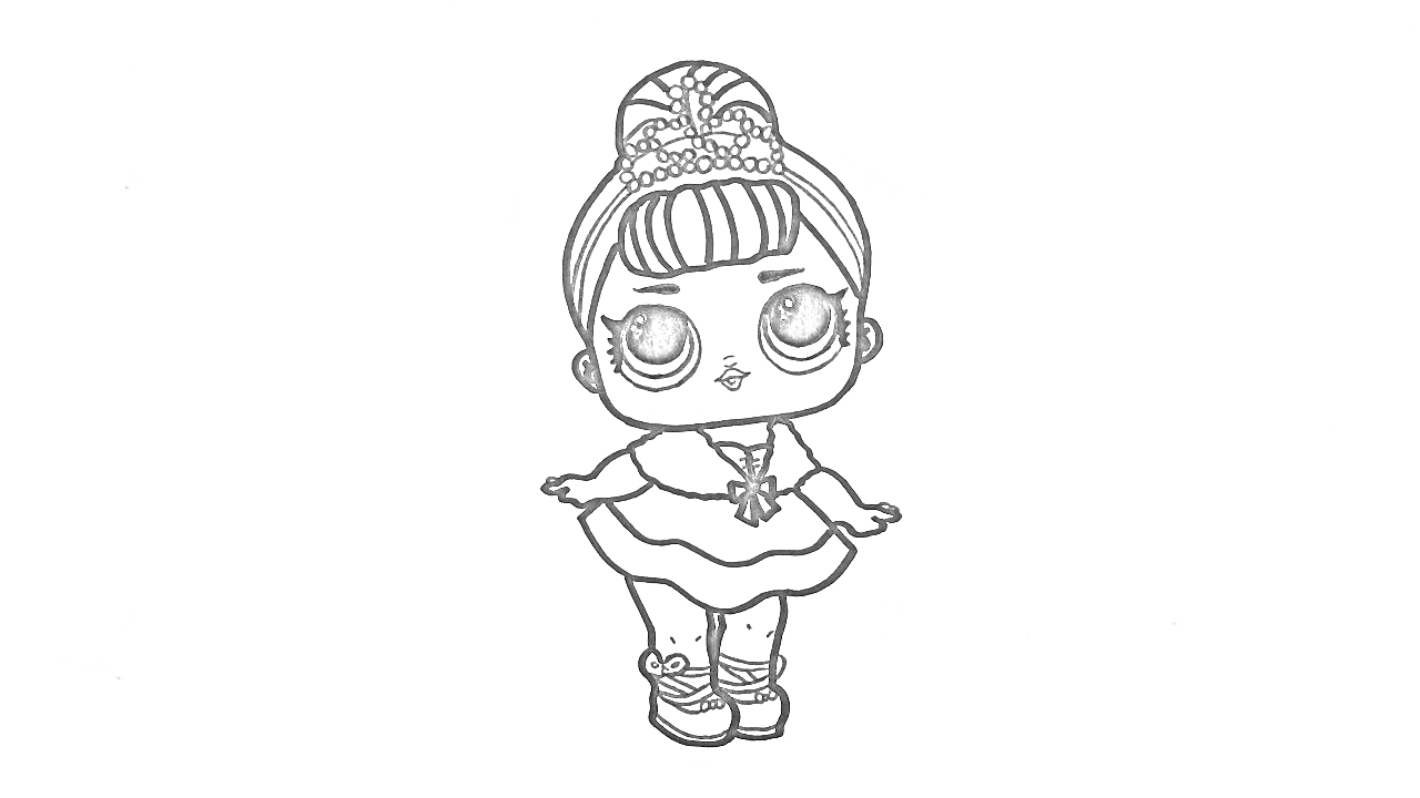 Раскраска Кукла Лол в короне с бантом, маленьком платье и ботинках