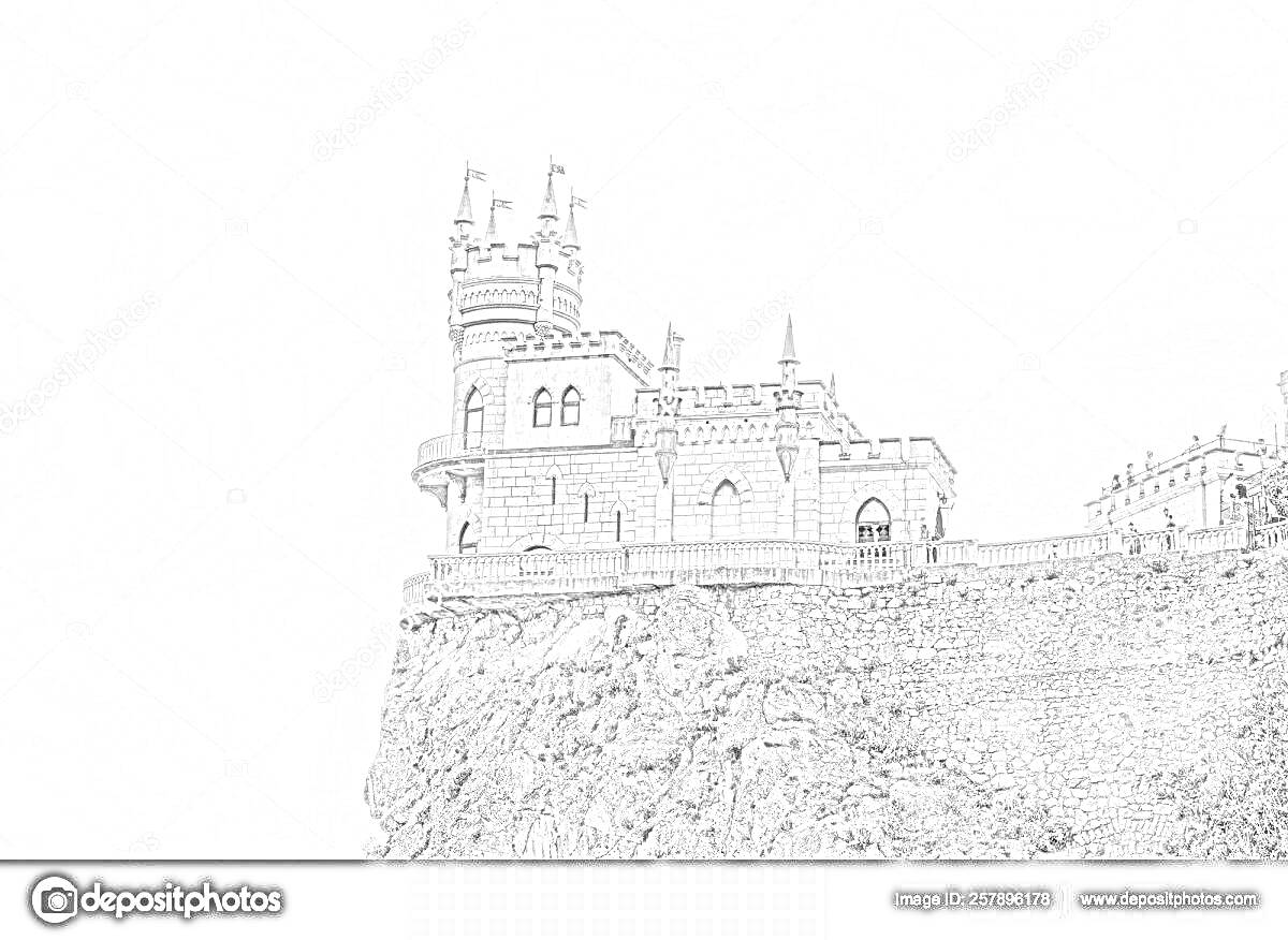 На раскраске изображено: Ласточкино гнездо, Крым, Замок, Утёс, Архитектура, Природа