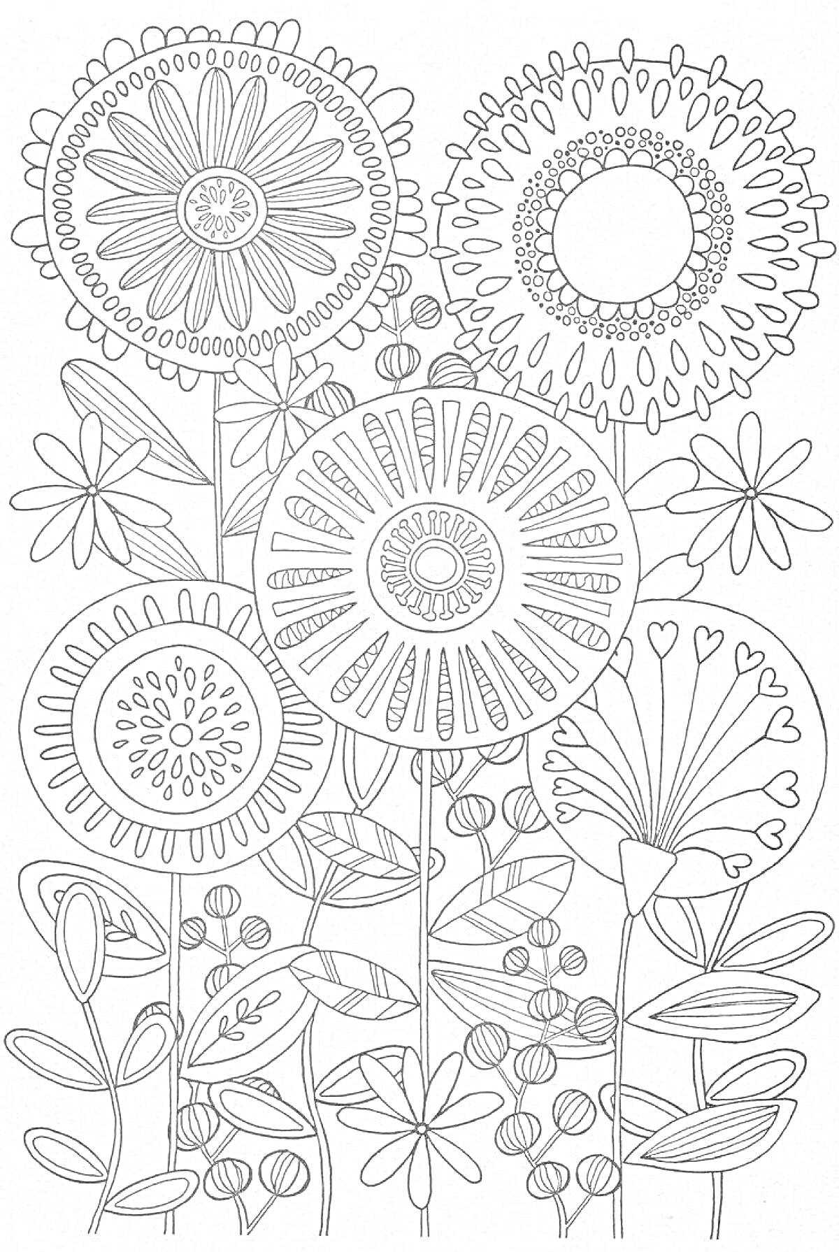 Раскраска Цветы и узоры антистресс: крупные цветы в центре, маленькие цветы по бокам, листья, ветки и абстрактные узоры