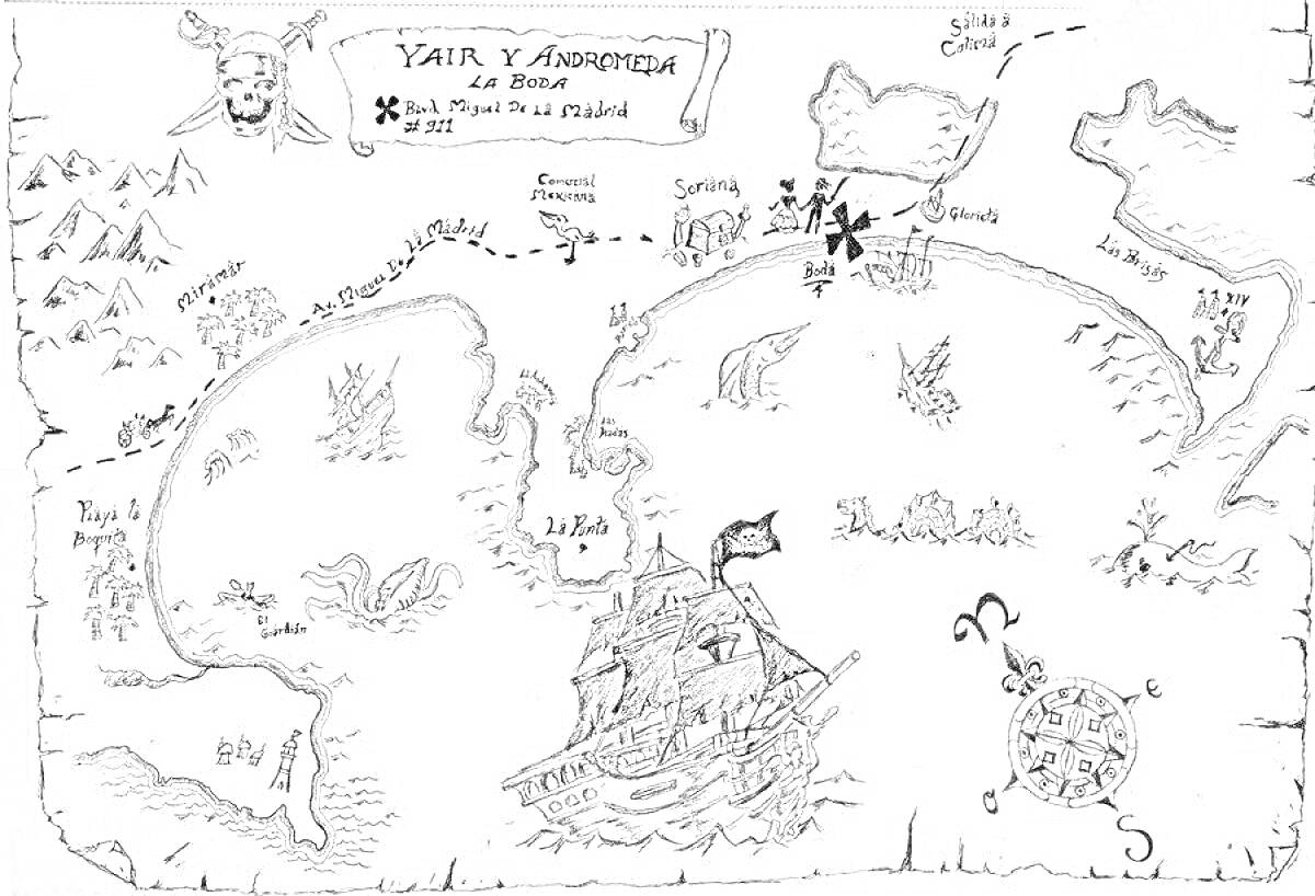 На раскраске изображено: Пиратская карта, Компас, Корабль, Сундук с сокровищами, Череп, Морские животные, Сокровища, Навигация, Приключения