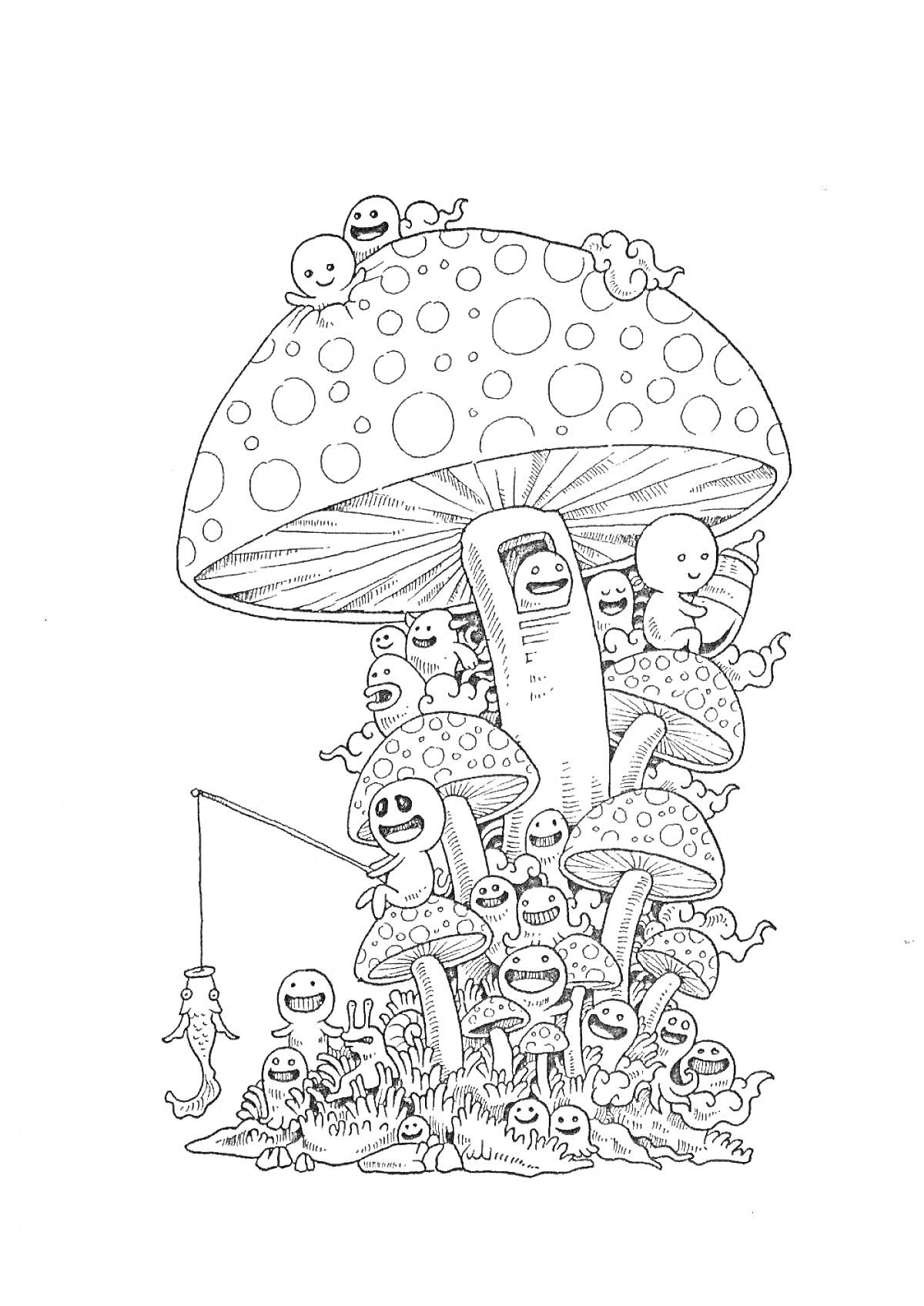 Раскраска Большой гриб, наполненный улыбающимися существами, держащимися за его ножку и шляпку, один из которых ловит червяка на удочку