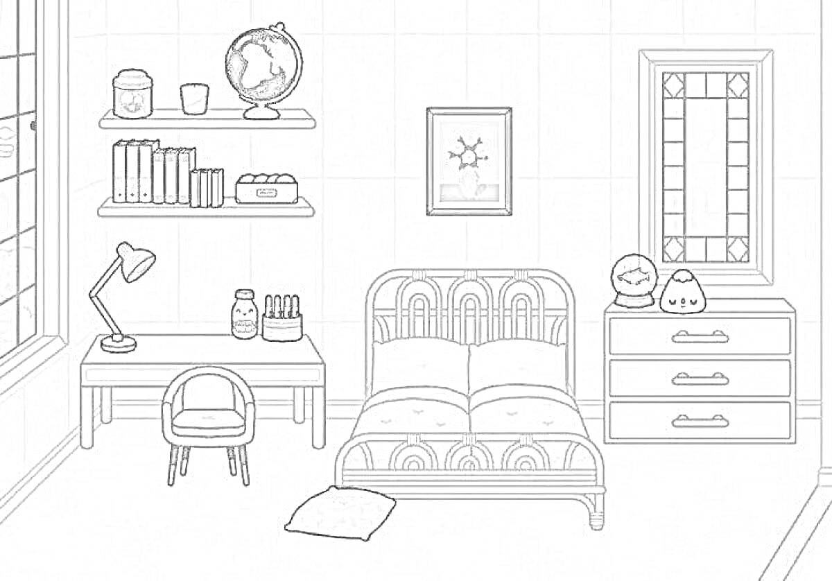 Раскраска Спальня с мебелью и аксессуарами