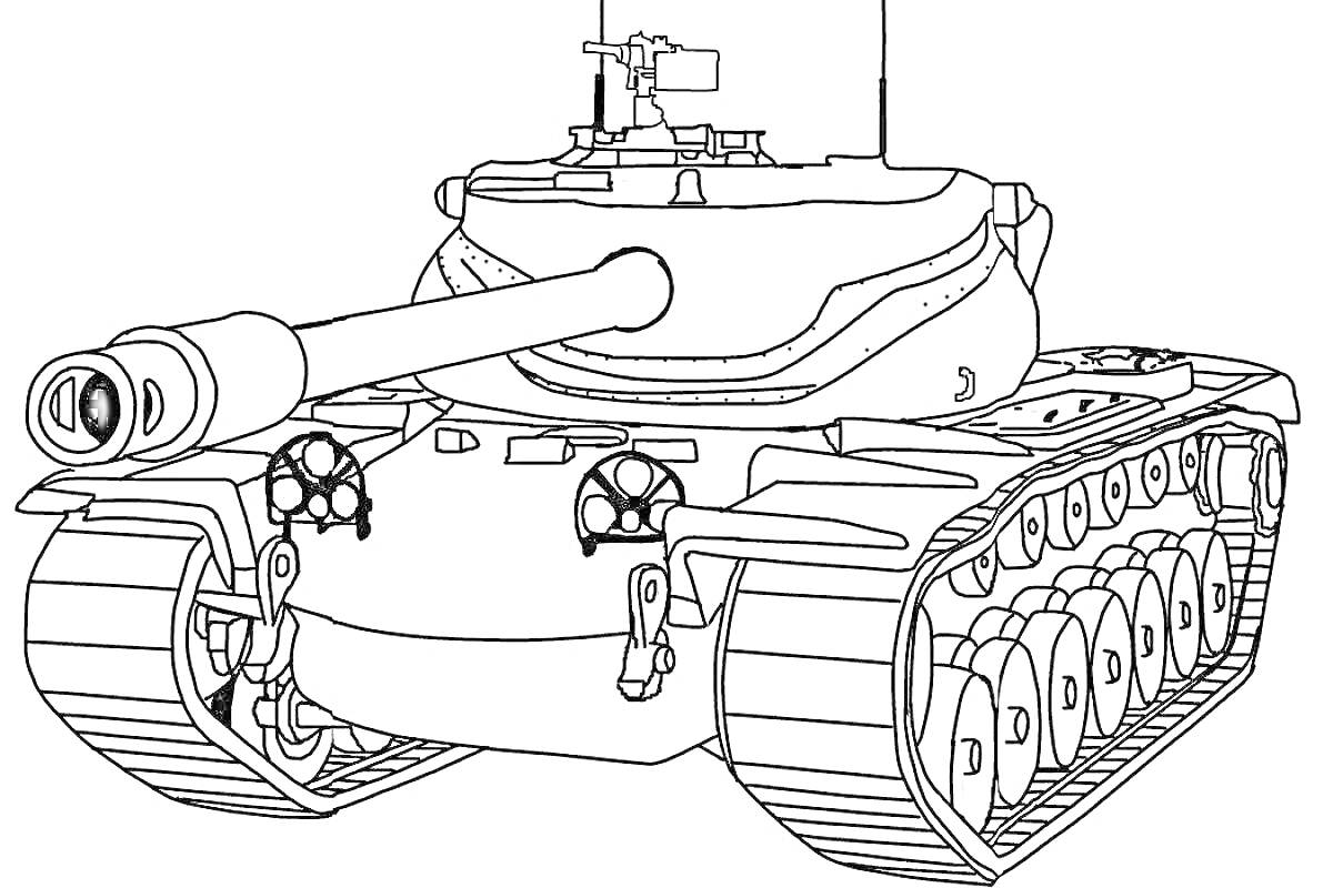 Раскраска Танк с большим пушечным стволом, гусеницами и экипажной башней