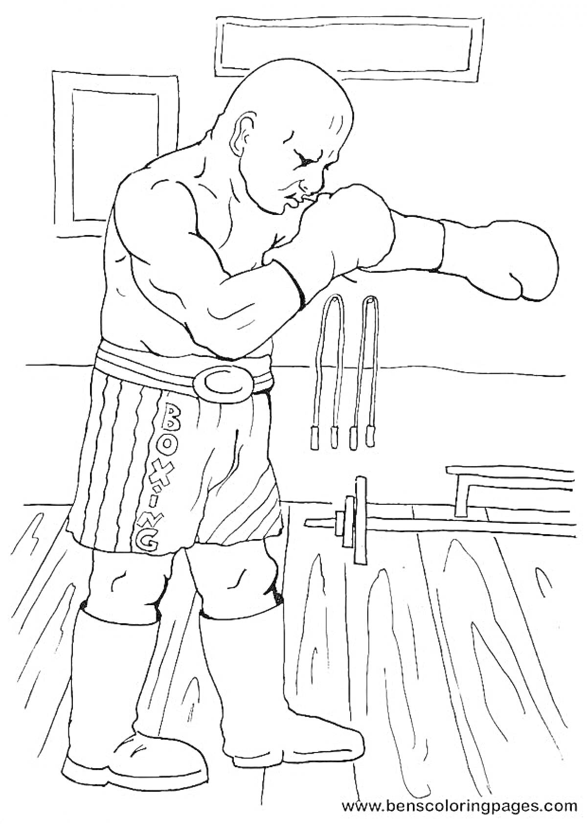 Раскраска Боксёр с гантелями в спортивном зале
