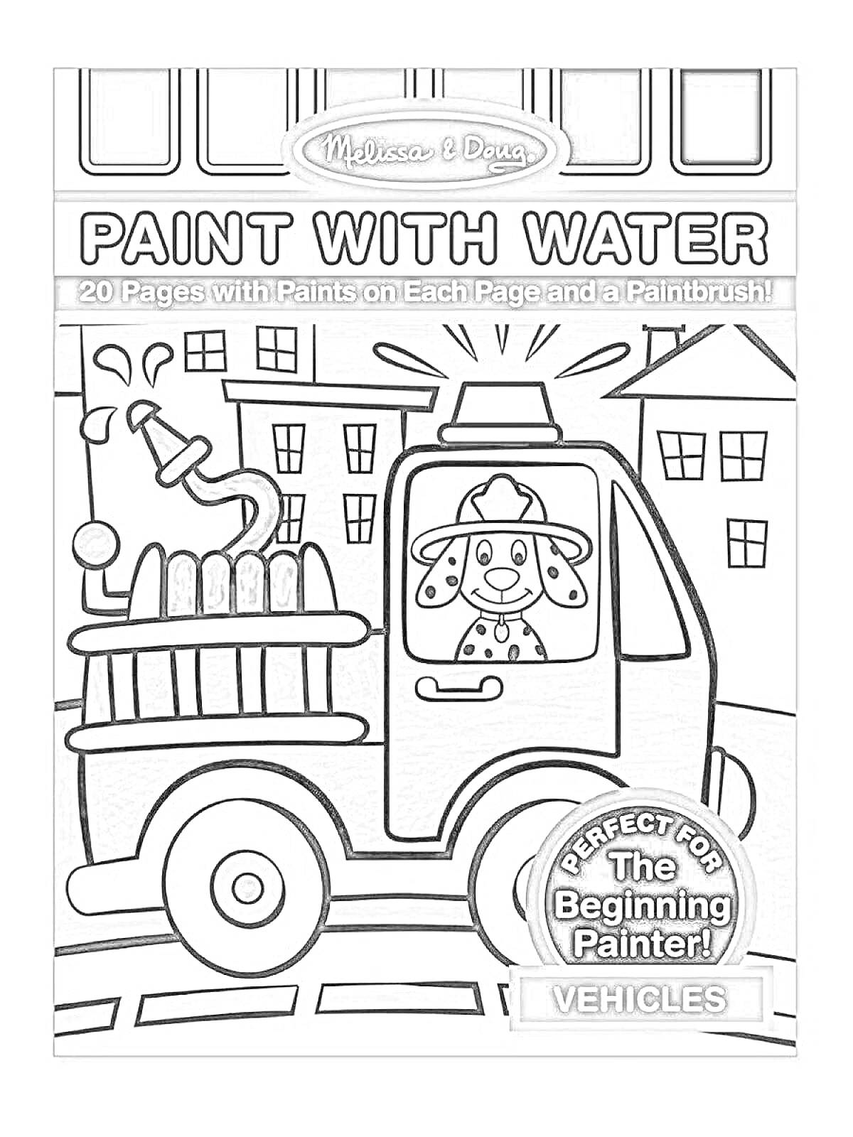 Раскраска Melissa & Doug Paint With Water, Пожарная машина с собакой, дома на заднем плане