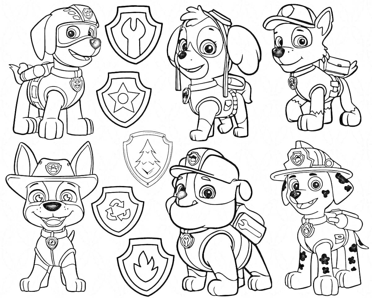 Раскраска щенячий патруль, 6 щенков в костюмах с рюкзаками, 6 эмблем в виде щитов