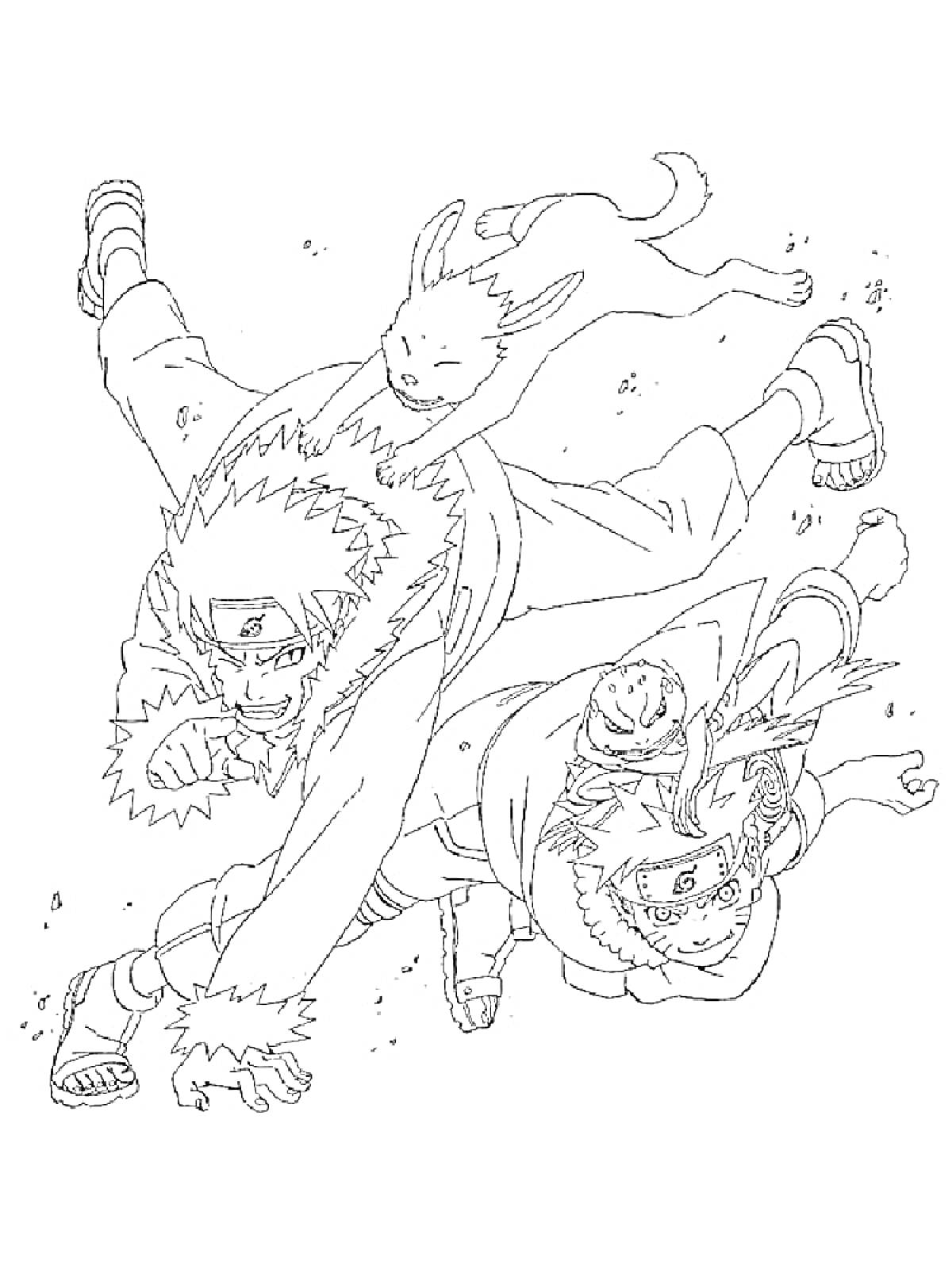 Раскраска Персонажи с собакой в прыжке из аниме 
