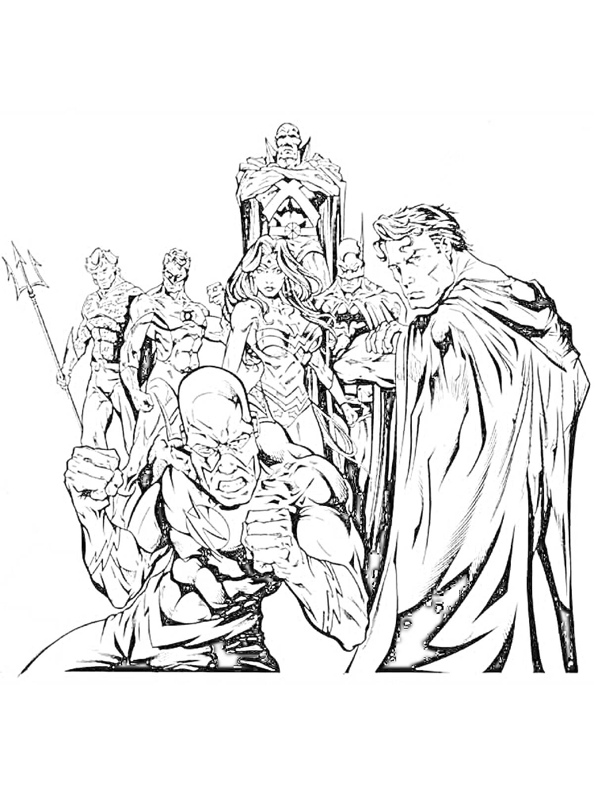 Раскраска Члены Лиги Справедливости: мужчина с трезубцем, мужчина в полумаске с копьем, женщина с мечом и щитом, мужчина в защитном костюме, мужчина с буквой 