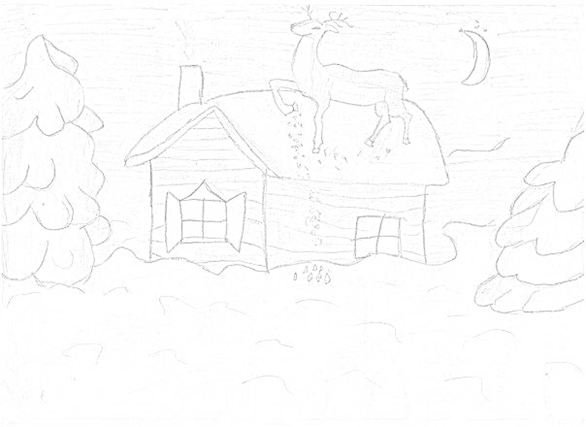 На раскраске изображено: Олень, Крыша, Дом, Лес, Зима, Ночь, Снег, Луна, Хвойные деревья
