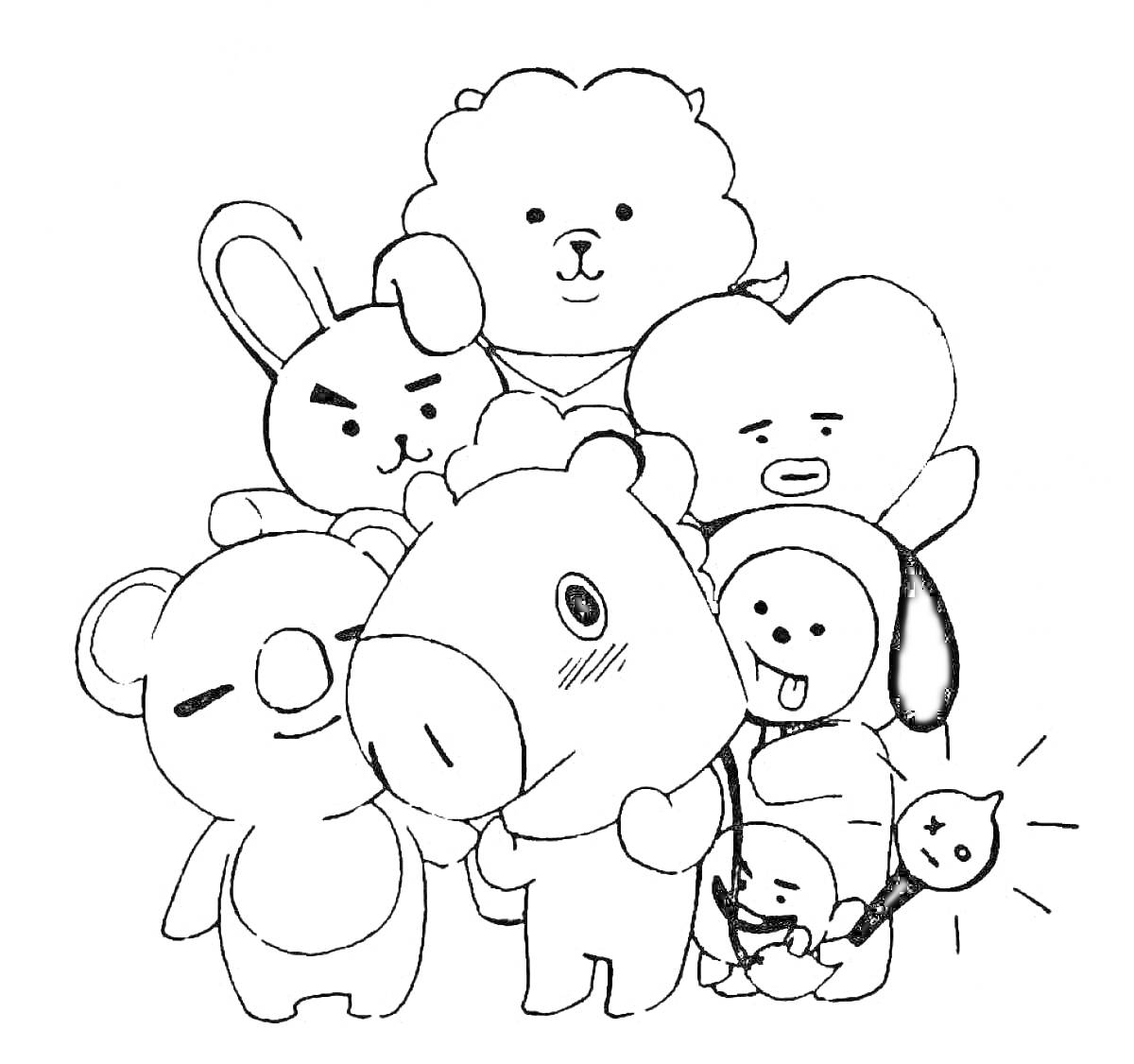 Раскраска Герои BT21 - Койа, Арджи, Шуки, Манг, Тата, Чимми и Куки