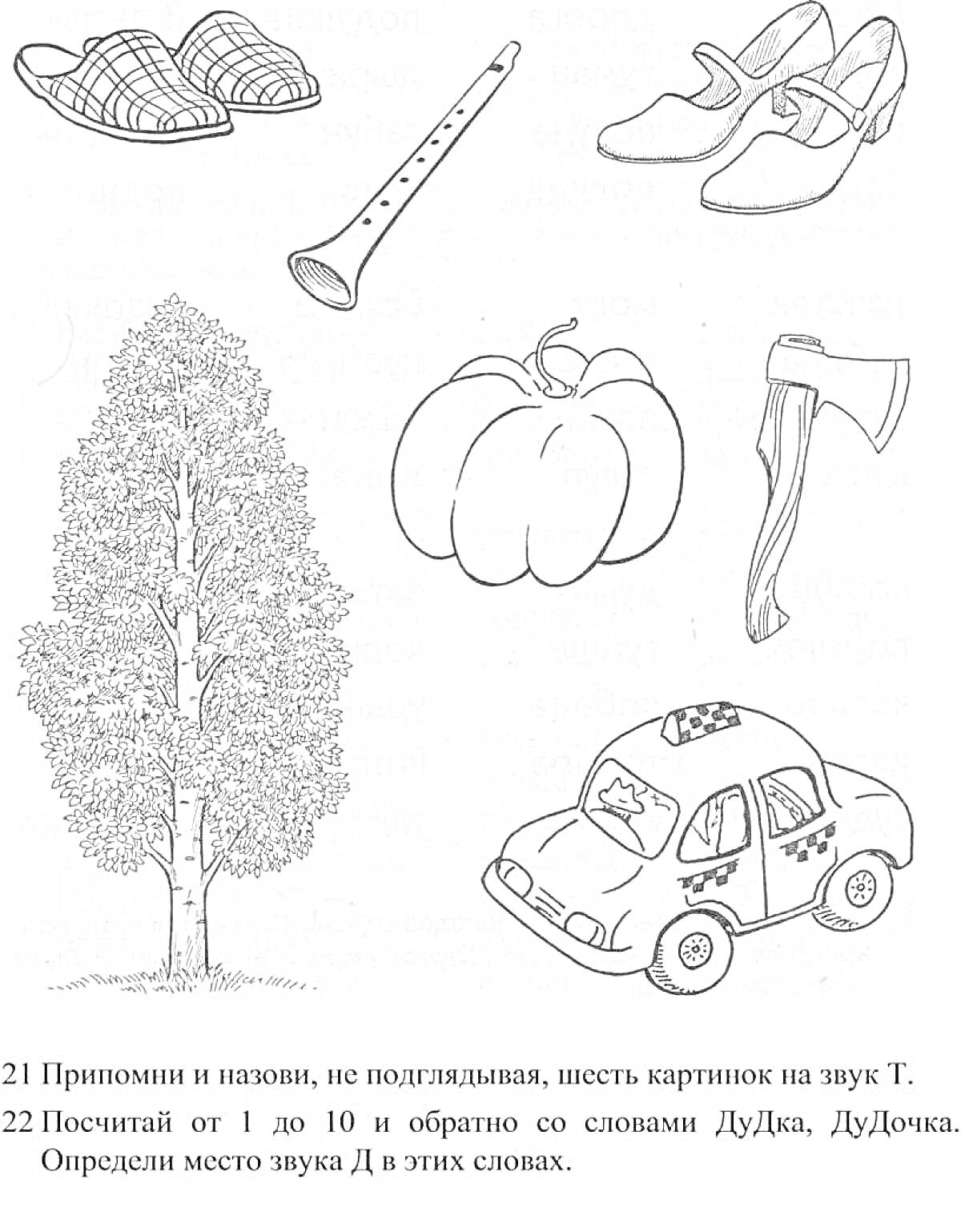 Раскраска Сандалии, дудочка, туфли, топор, дерево, машина