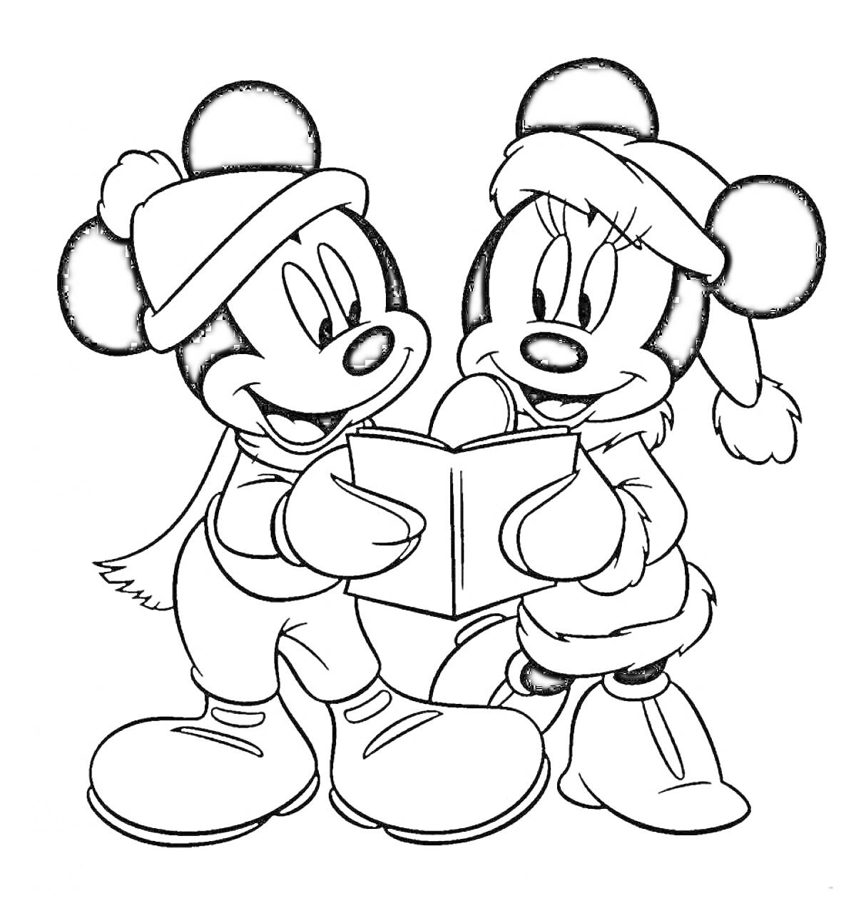 Раскраска Микки Маус и Минни Маус поют рождественские песни в зимней одежде