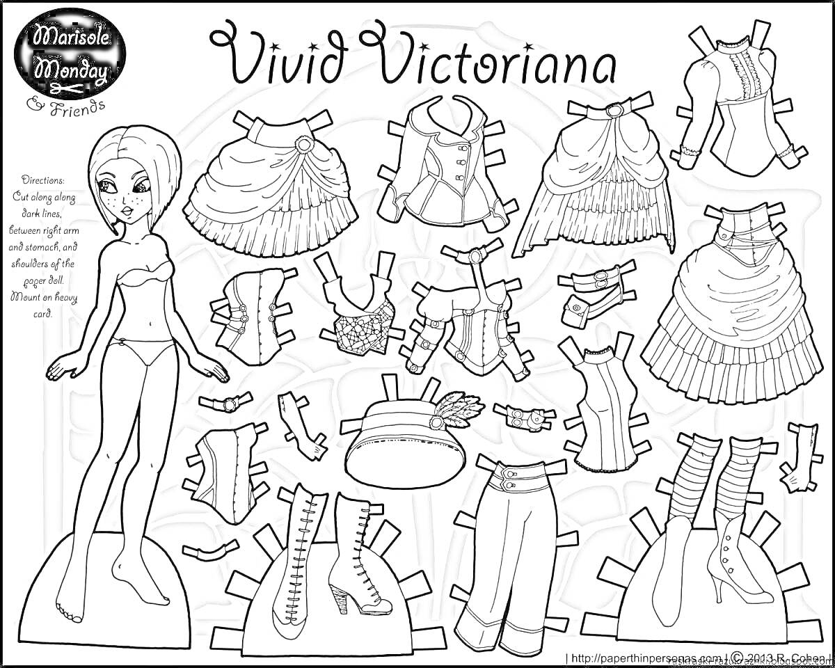 Раскраска Кукла с вырезанными одеждами в викторианском стиле: платья, корсеты, обувь, шляпа, чулки, перчатки