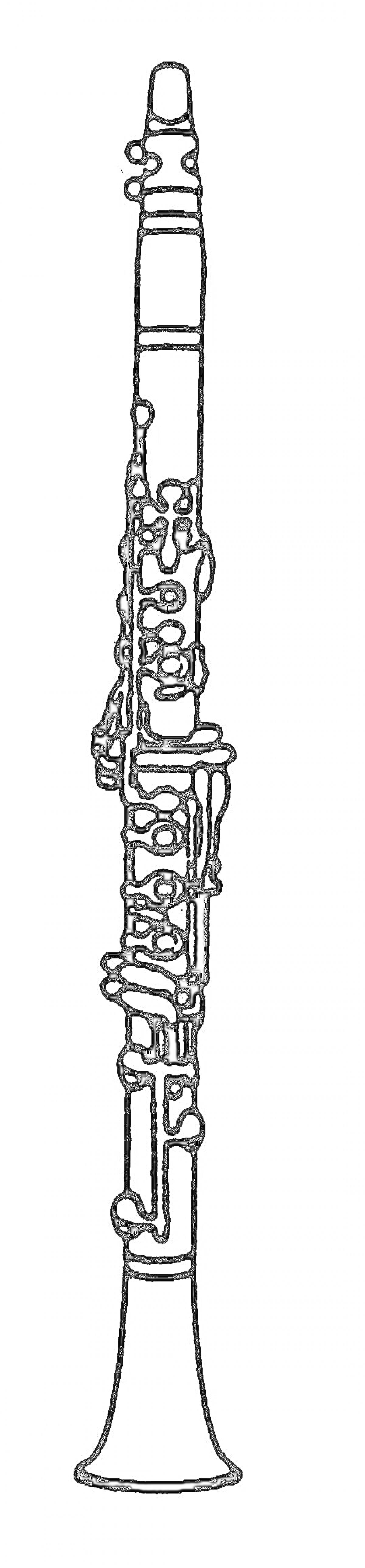 Чёрно-белое изображение кларнета с детализированными клапанами и корпусом