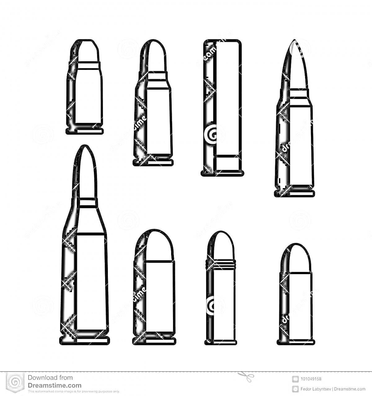 Раскраска Рисунок с изображением восьми различных пулевых патронов
