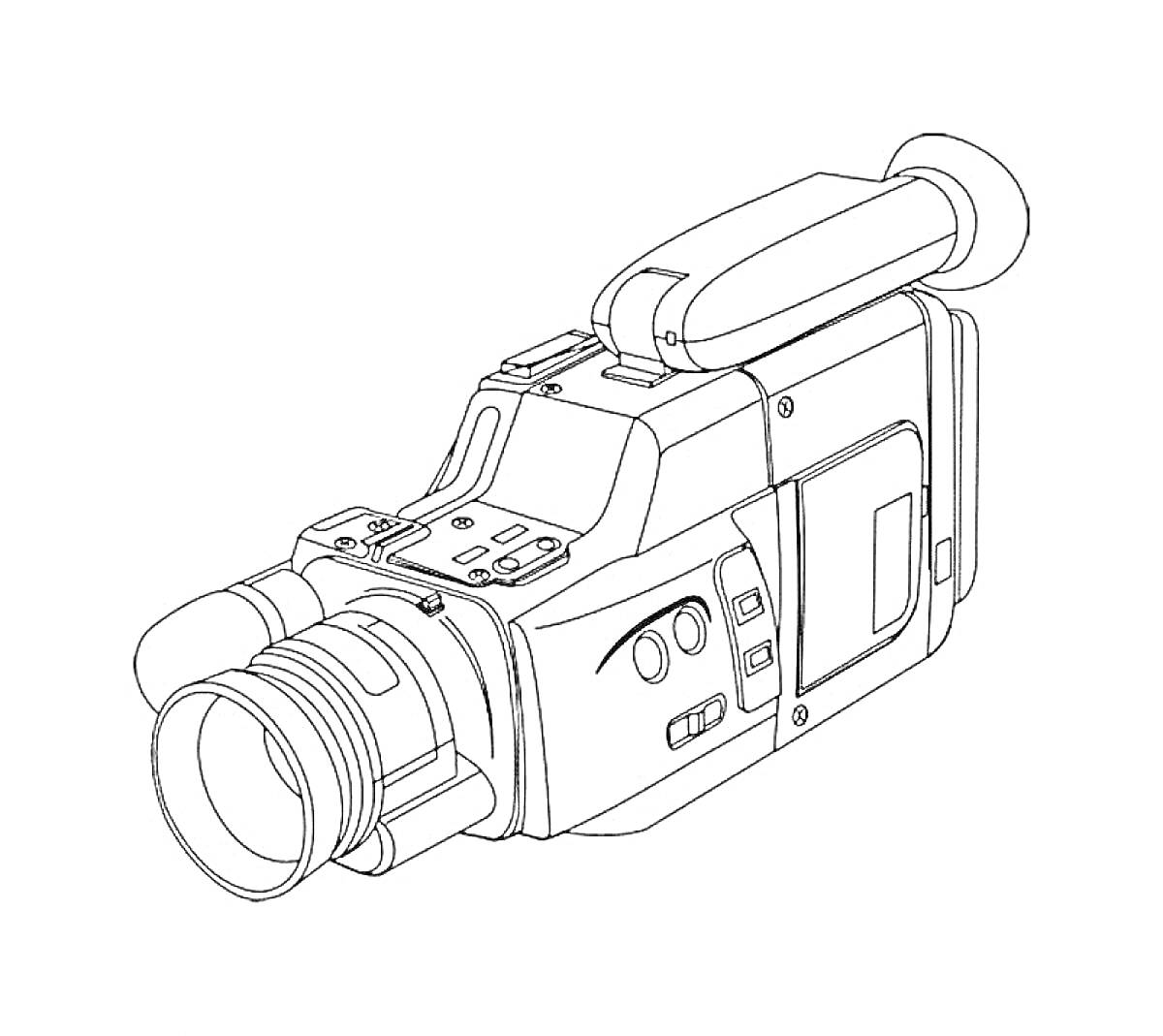 Раскраска Видеокамера с ручкой, объективом и дисплеем