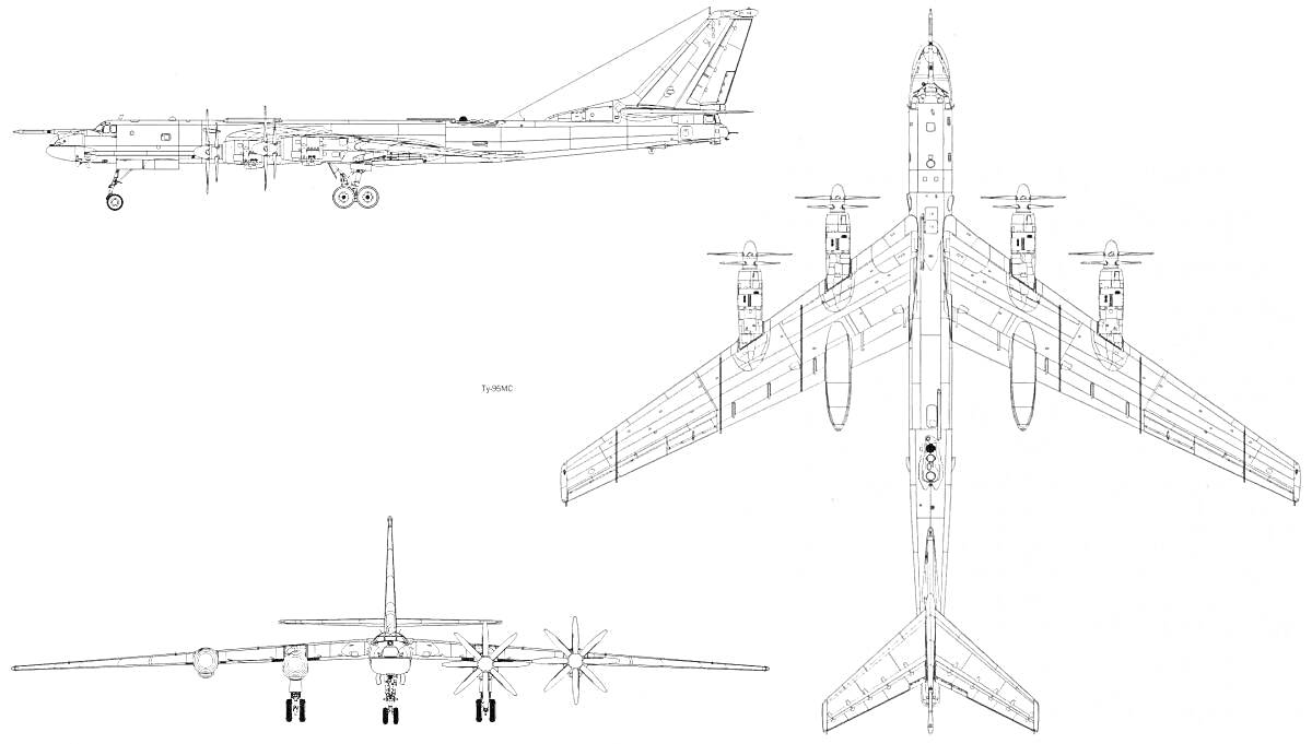 На раскраске изображено: Ту-95, Авиация, Крылья, Фюзеляж, Шасси