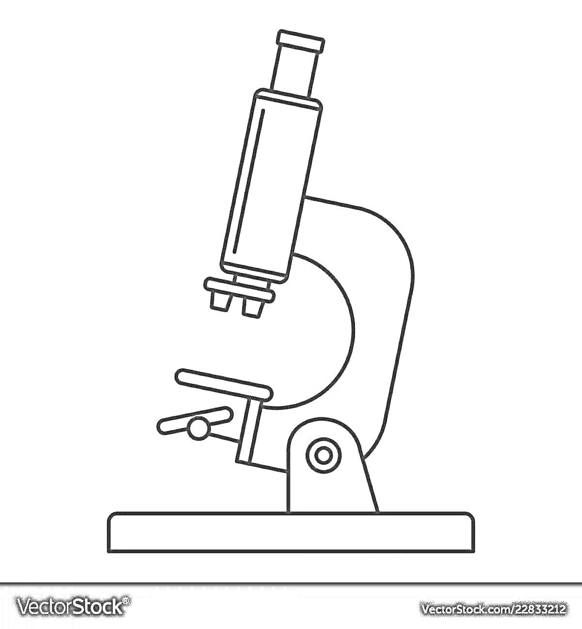 Раскраска Микроскоп с объективом, окуляром, фокусировочными ручками и основанием