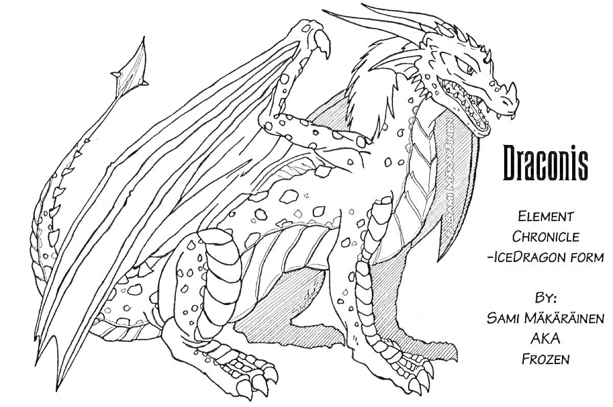 Раскраска Дракон по имени Draconis с открытыми крыльями и поднятой передней лапой, множество деталей по телу, текст 