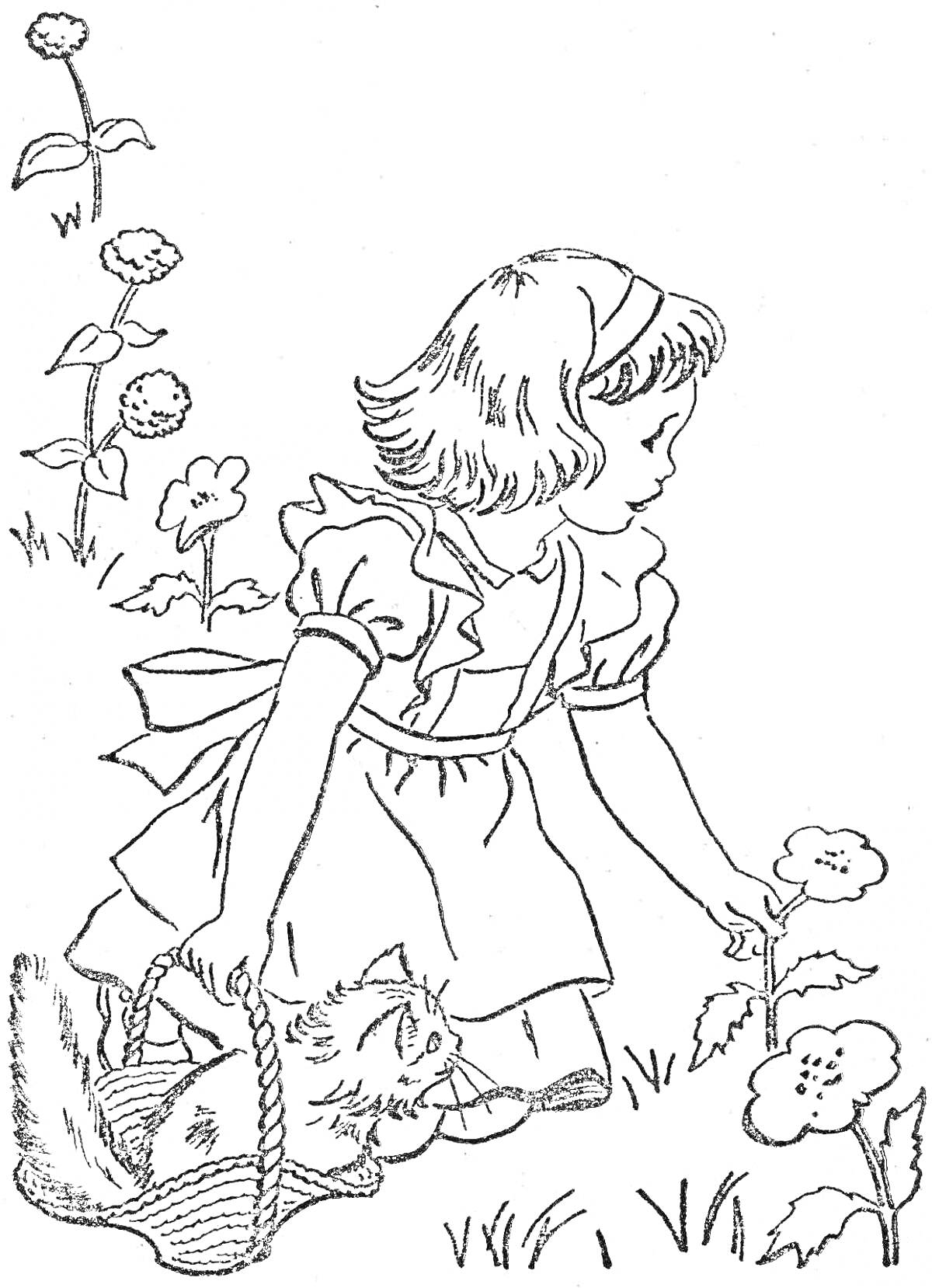 На раскраске изображено: Девочка, Цветы, Трава, Листья, Природа, Цветение, Детство