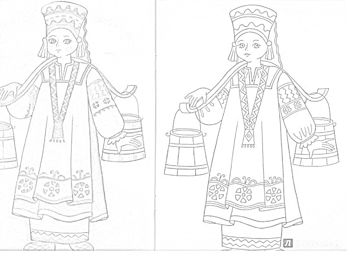 Раскраска Девушка в русском народном сарафане с коромыслом и ведрами