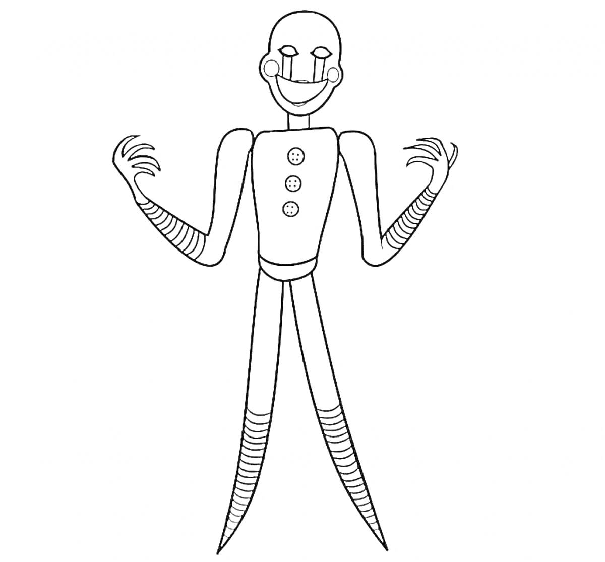 На раскраске изображено: Длинные руки, Длинные ноги, Пуговицы, Монстр