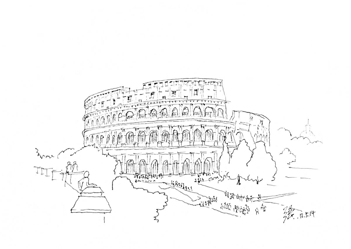 На раскраске изображено: Колизей, Рим, Италия, Амфитеатр, Деревья