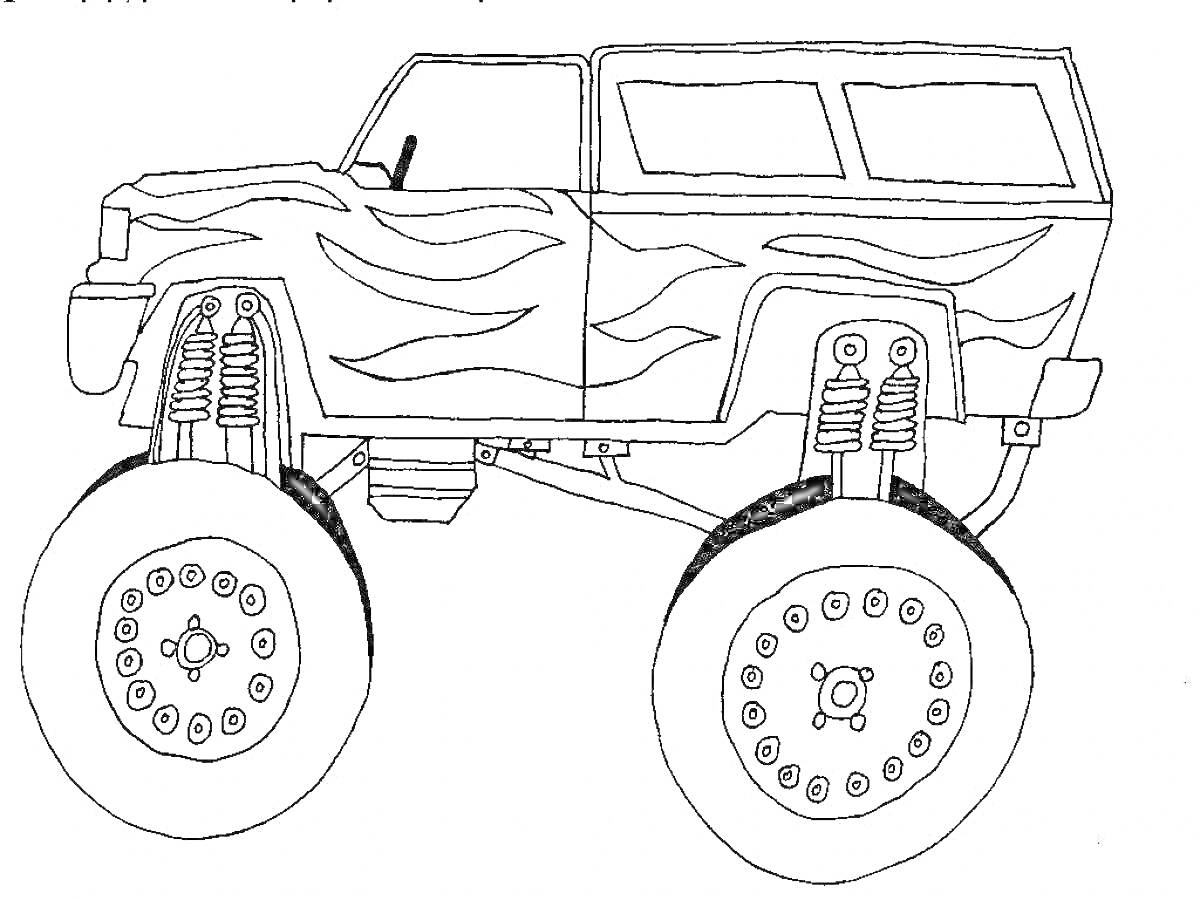 На раскраске изображено: Джип, Большие колеса, Внедорожник, Для детей, Авто