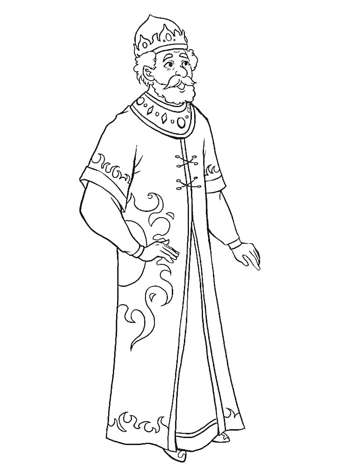 Раскраска Царь с короной в длинном наряде с узорами