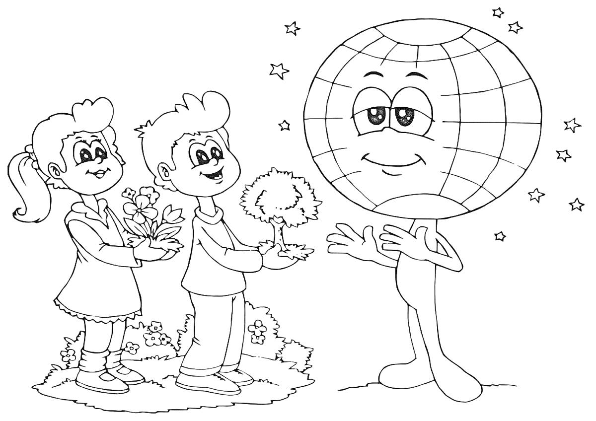 Раскраска Дети с растениями и глобус с лицом на фоне звезд