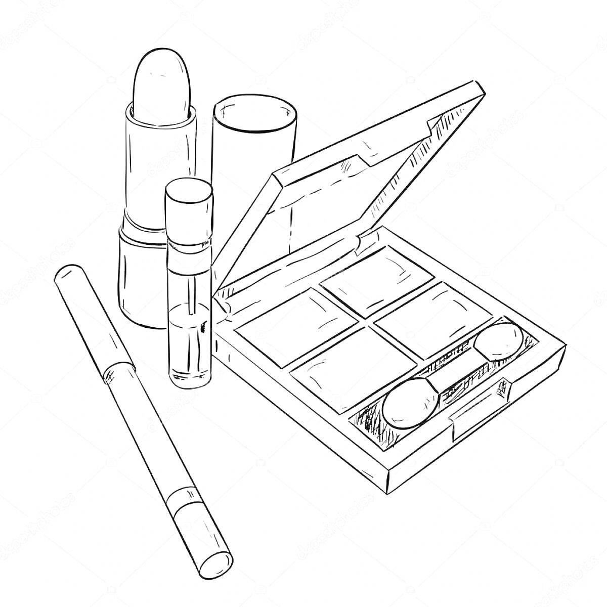 На раскраске изображено: Тени для глаз, Помада, Карандаш для глаз, Косметика, Макияж