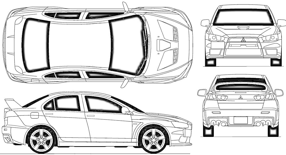 Раскраска Вид сверху, вид сбоку слева, вид спереди, вид сзади автомобиля Mitsubishi Lancer