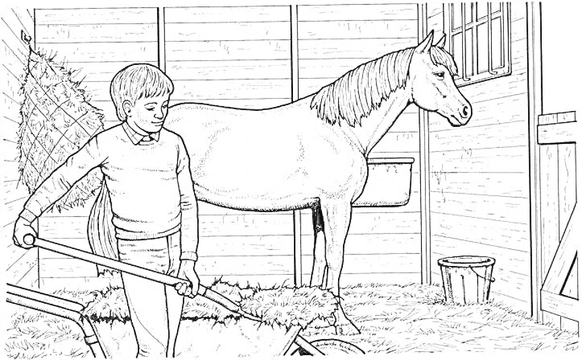 Раскраска Мальчик работает в конюшне зимой, лошадь в стойле, ведро и сено на полу