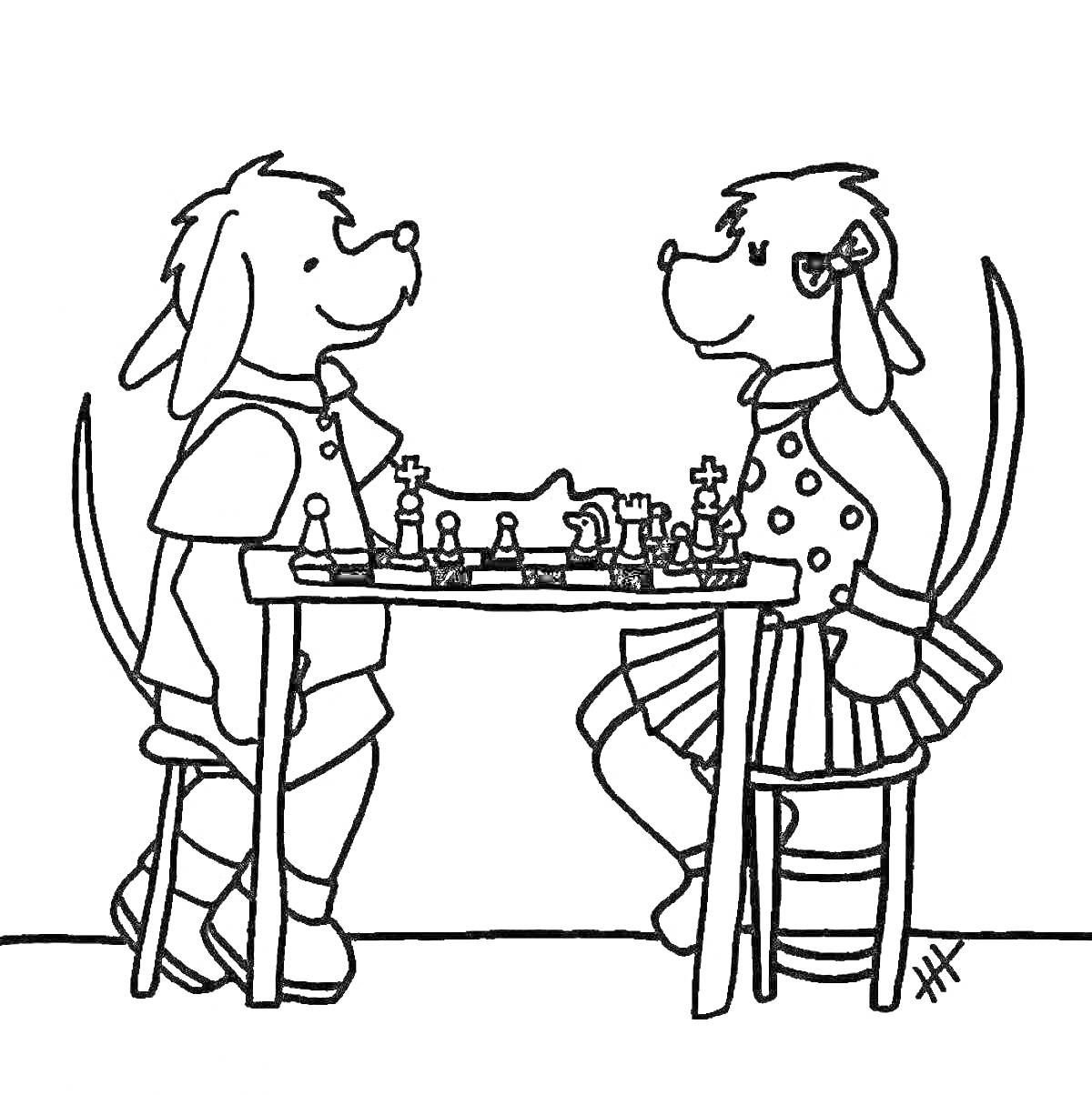 На раскраске изображено: Шахматы, Игра, Стол, Животные, Дружба