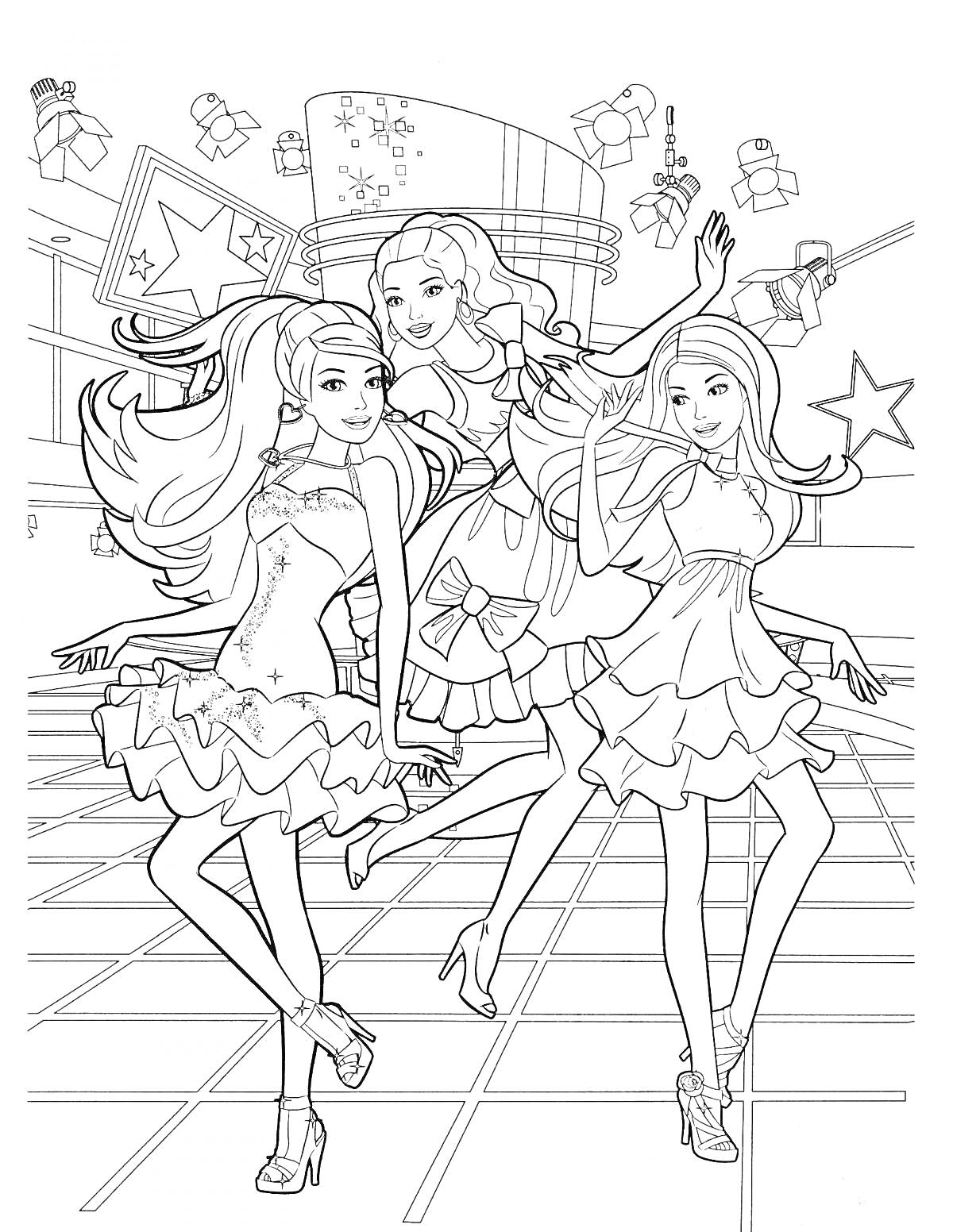 Раскраска Три девушки-барби на танцполе в нарядных платьях, фон с подарками и звездами