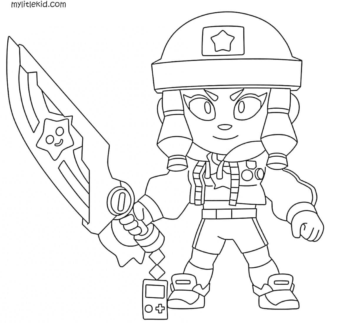 Раскраска Персонаж из Brawl Stars в защитной шлеме с большим мечом и маленьким устройством в руках