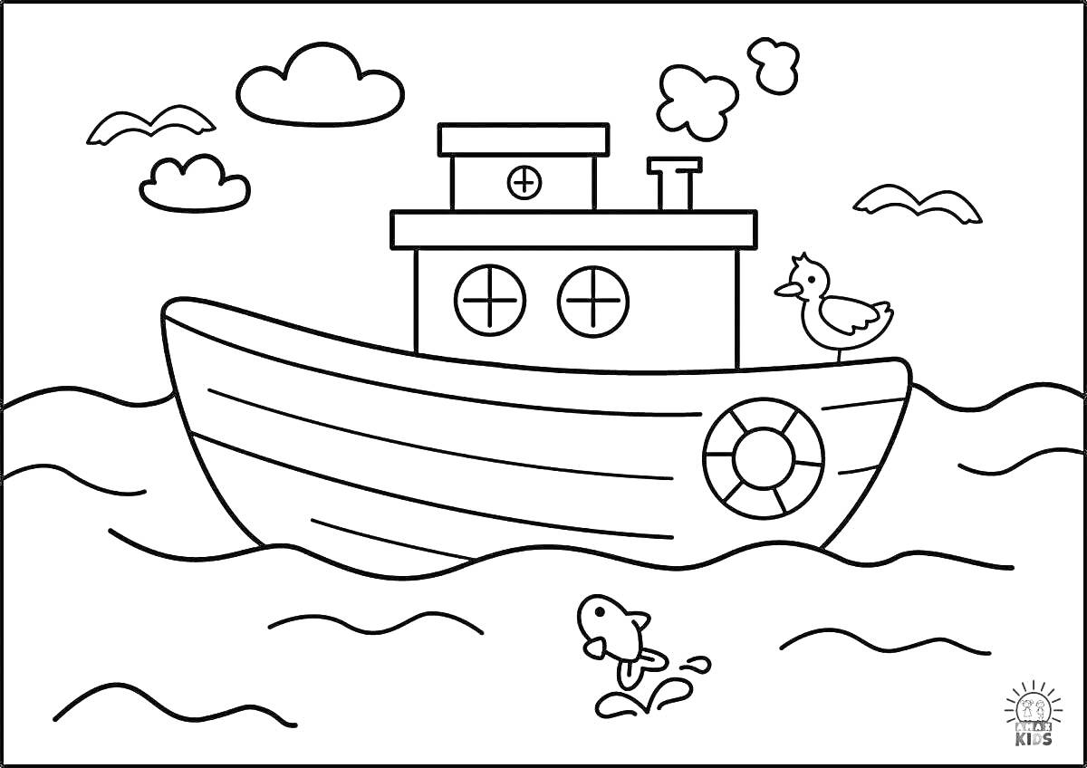 На раскраске изображено: Пароход, Вода, Волны, Рыба, Облака, Транспорт, Море