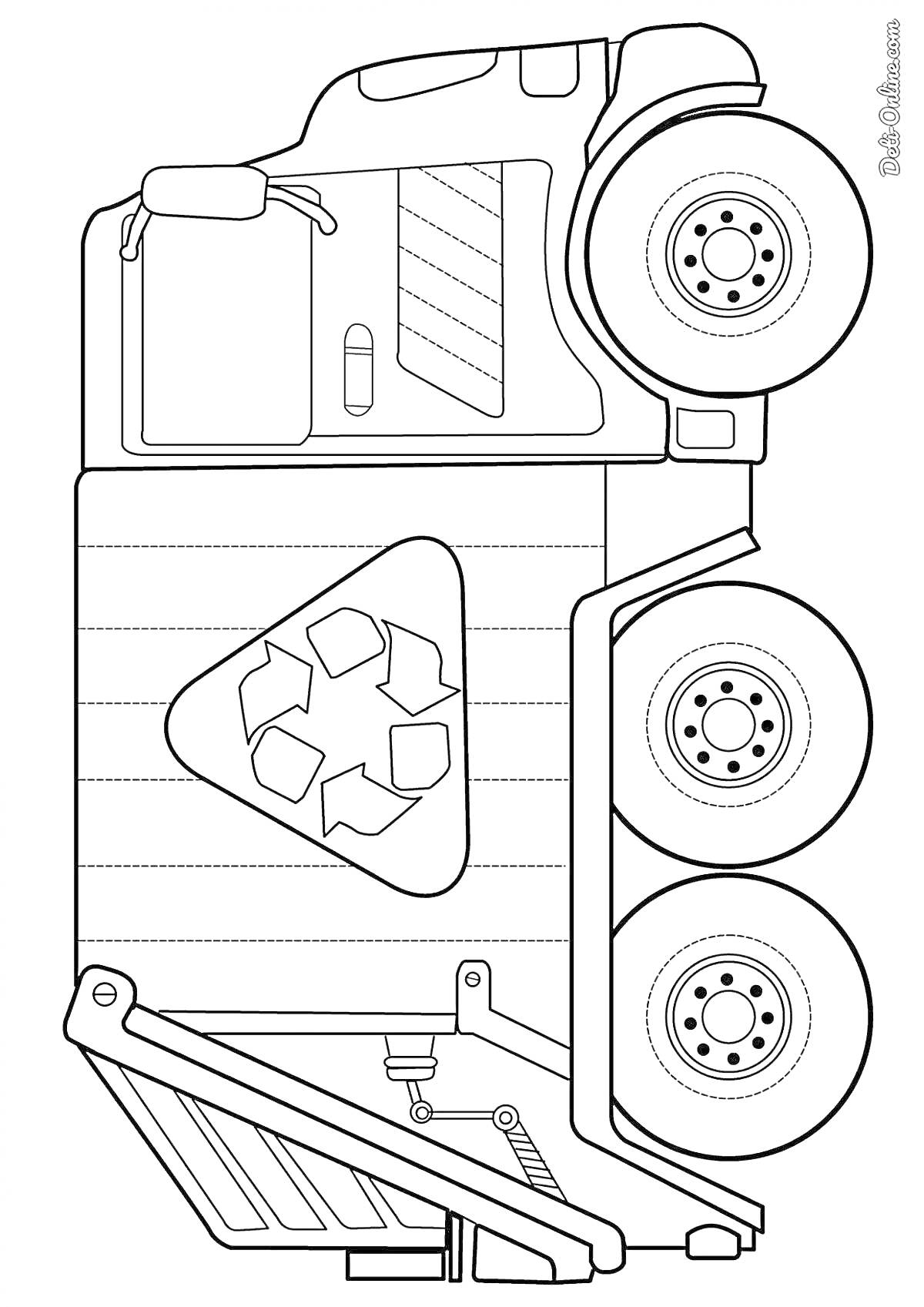 Раскраска Мусоровоз с символом переработки и тремя колесами для детей 3-4 лет