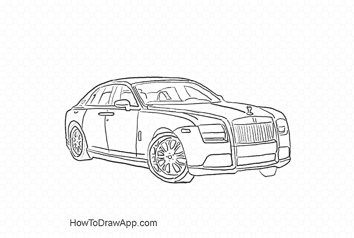 Раскраска Контурный рисунок автомобиля Rolls-Royce с видимыми элементами кузова, дверьми, окнами и колесами