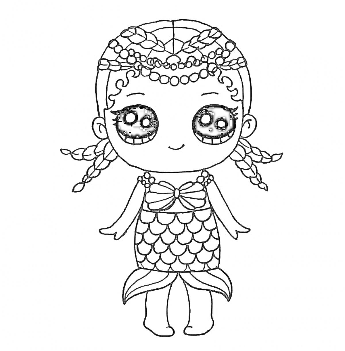 Раскраска Девочка ЛОЛ с косичками в образе русалки с чешуйчатым хвостом, украшенная бисером и бантами.