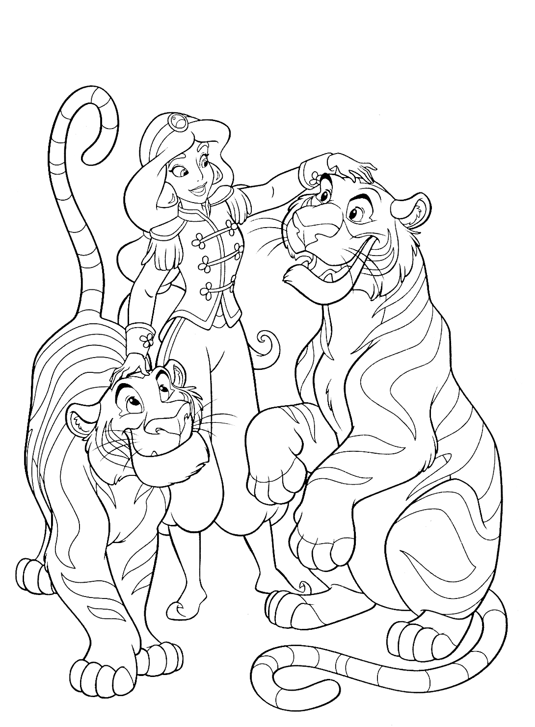 Раскраска Жасмин гладит двух тигров