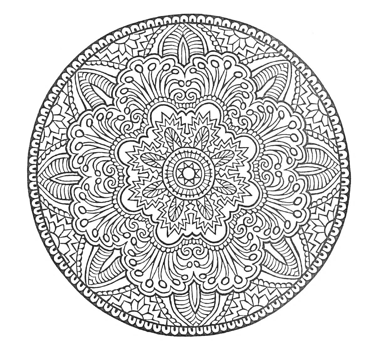 Раскраска Антистресс мандала с цветочным узором, листьями и геометрическими деталями